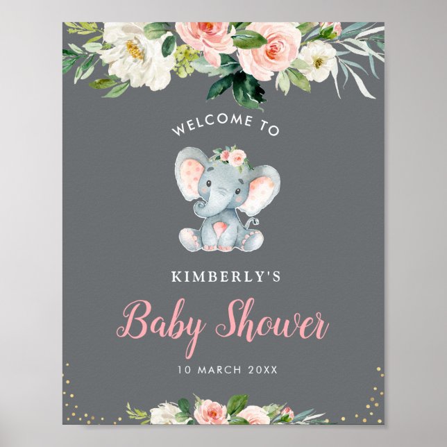 Little elephant floral baby shower welcome sign (Front)