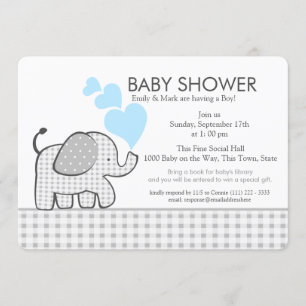 Little Elephant Gingham and Blue Baby Shower Invitation