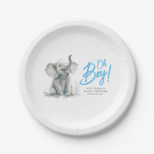 Little Elephant Oh Boy Cute Blue Grey Baby Shower Paper Plate