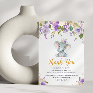 little elephant purple baby shower thank you card