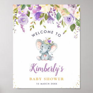 Little elephant purple floral baby shower welcome poster