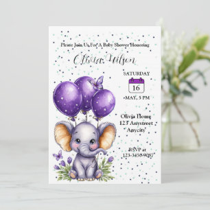 Little Elephant with Dreamy Purple Balloons Invitation