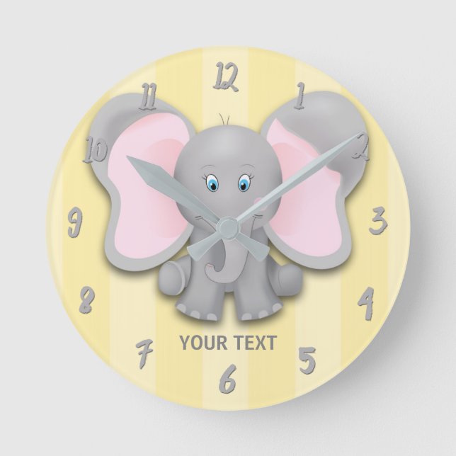 Little Elephant Yellow & Grey Personalised Nursery Round Clock (Front)