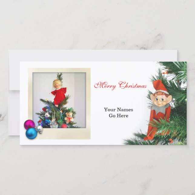 Little Elf Christmas with ornaments Holiday Card (Front)