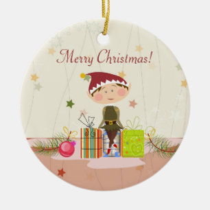 Little Elf-Girl and Christmas Presents Ceramic Tree Decoration