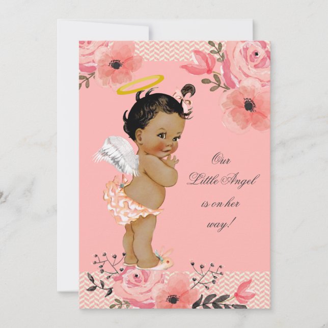 Little Ethnic Angel Watercolor Flowers Baby Shower Invitation (Front)