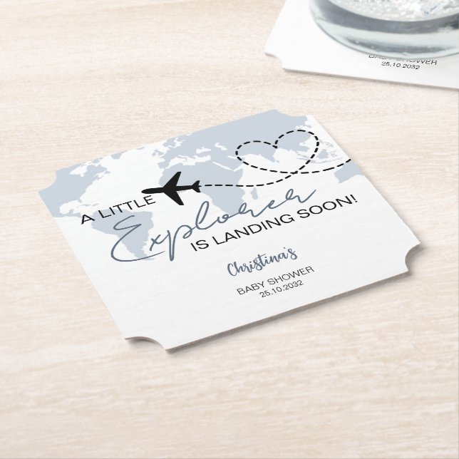 Little Explorer Adventure Blue Baby Shower Paper Coaster (Angled)