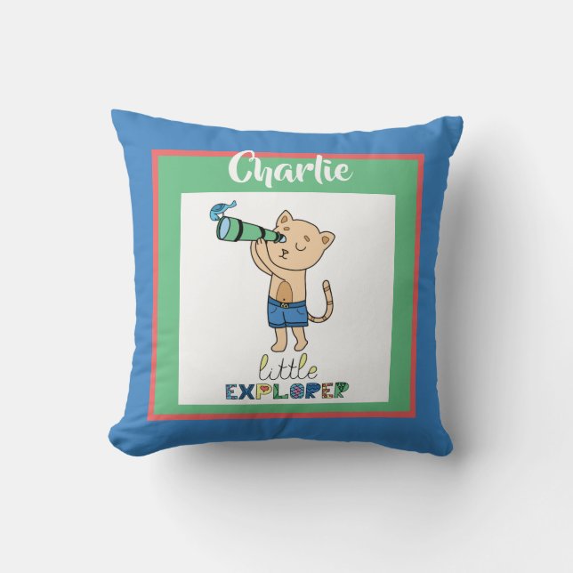 Little Explorer, Cute Personalised Kid's Cushion (Front)