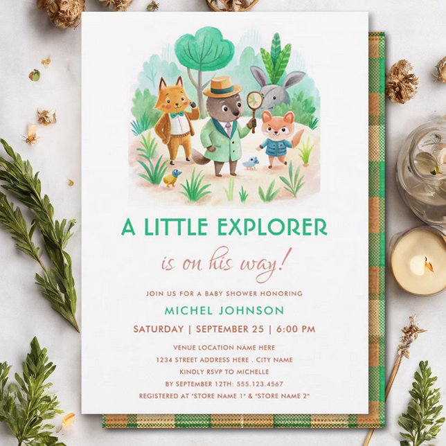 Little Explorer Forest Detective Boy Baby Shower Invitation (Creator Uploaded)