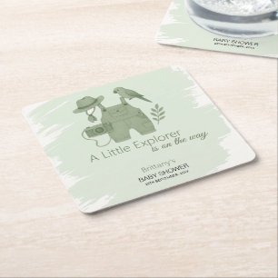 Little Explorer Is On The Way Baby Shower Square Paper Coaster