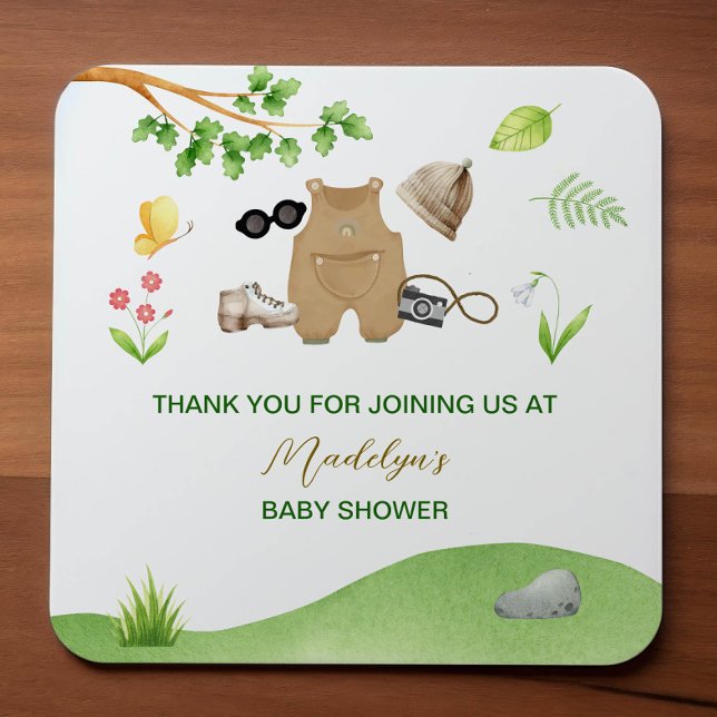 Little Explorer Woodland Forest Hiking Baby Shower Square Sticker (Creator Uploaded)