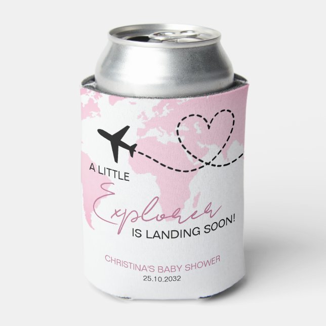 Little Explorer World Map Pink Baby Shower Can Cooler (Can Front)