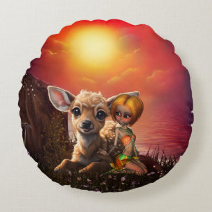 Little fairy and the cute fawn. round cushion