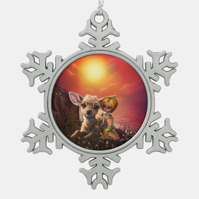 Little fairy and the cute fawn.  snowflake pewter christmas ornament (Front)