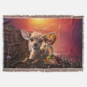 Little fairy and the cute fawn.  throw blanket