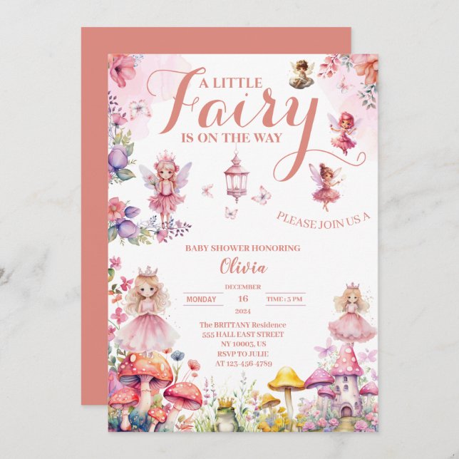 little fairy baby shower blush roses floral pink  invitation (Front/Back)