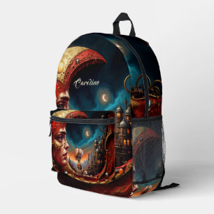 Little fairy sitting on a gold red moon. printed backpack