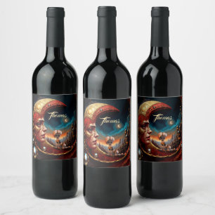 Little fairy sitting on a gold red moon. wine label
