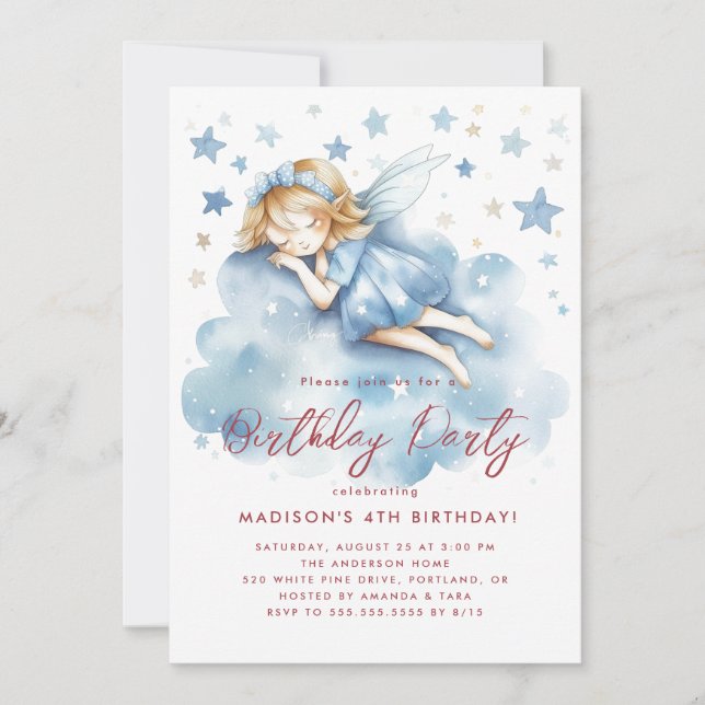 Little Fairy Sleeping On Cloud Birthday Party  Invitation (Front)