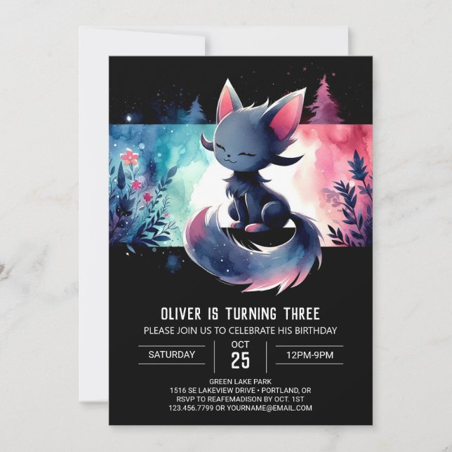 Little Fantasy Cat Birthday Invitation (Front)