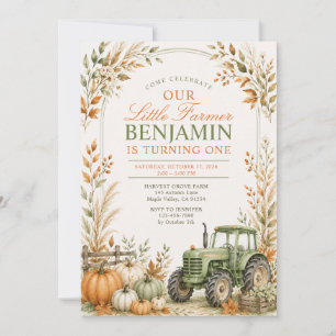 Little Farmer Green Tractor Pumpkin Fall Birthday Invitation