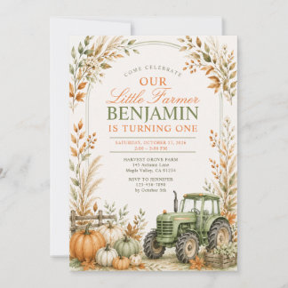 Little Farmer Green Tractor Pumpkin Fall Birthday Invitation
