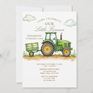 Little Farmer Sage Green Tractor 1st Birthday Invitation