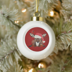 LITTLE FAWN & CARDINAL  CERAMIC BALL CHRISTMAS ORNAMENT