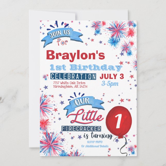 Little Firecracker 1st Birthday Invitation (Front)