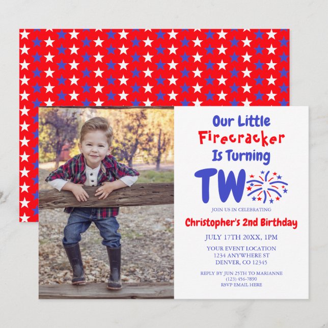 Little Firecracker 2nd Birthday Invitation (Front/Back)