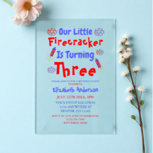 Little Firecracker 3rd Birthday Acrylic Invitations