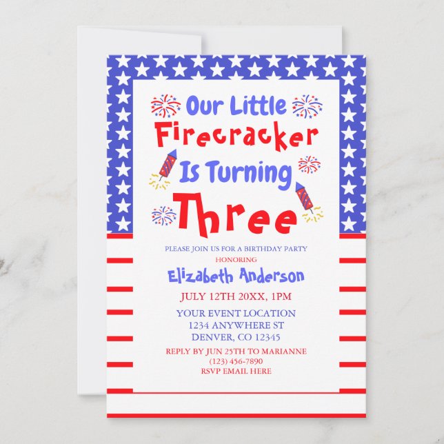 Little Firecracker 3rd Birthday Invitation (Front)