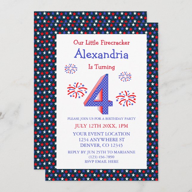 Little Firecracker 4th Birthday Invitation (Front/Back)