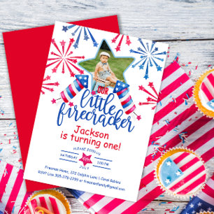 Little Firecracker 4th July First Birthday Photo Invitation