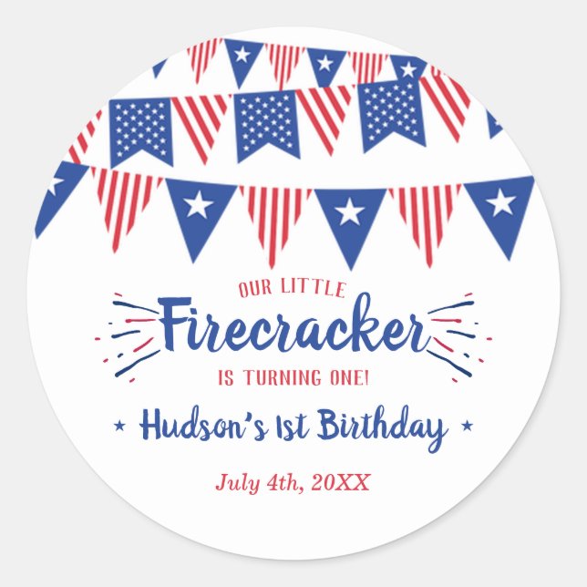 Little Firecracker 4th Of July 1st Birthday Classic Round Sticker (Front)