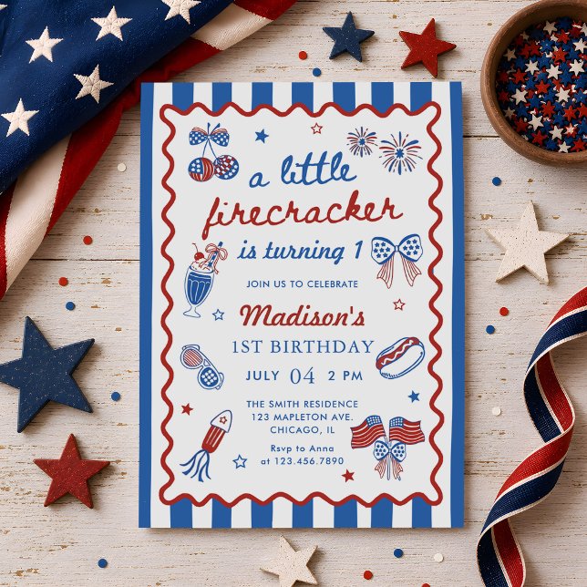 Little Firecracker 4th of July 1st Birthday Invitation (Creator Uploaded)