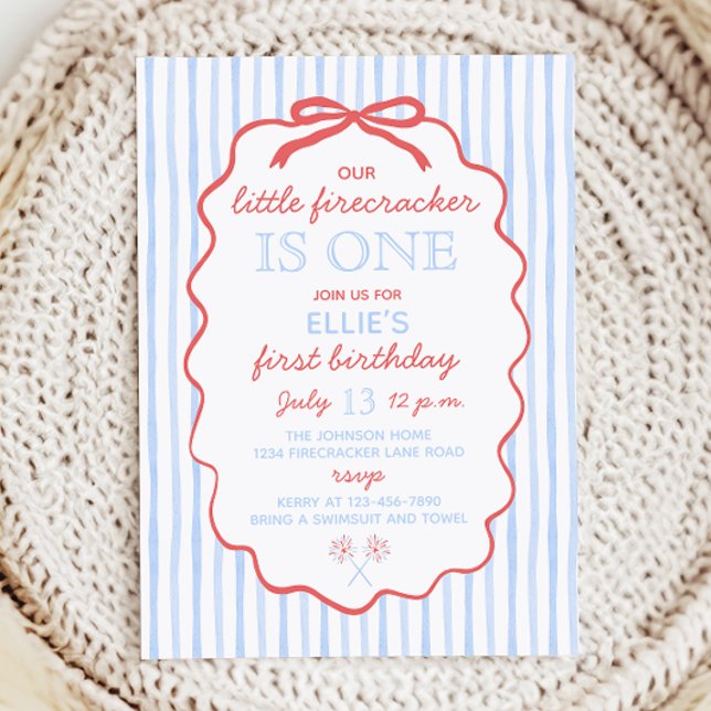 Little Firecracker 4th of July 1st Birthday Invitation (Creator Uploaded)