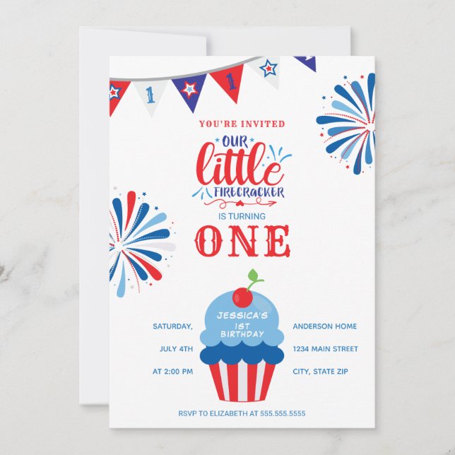 Little Firecracker 4th of July 1st Birthday Invitation (Front)