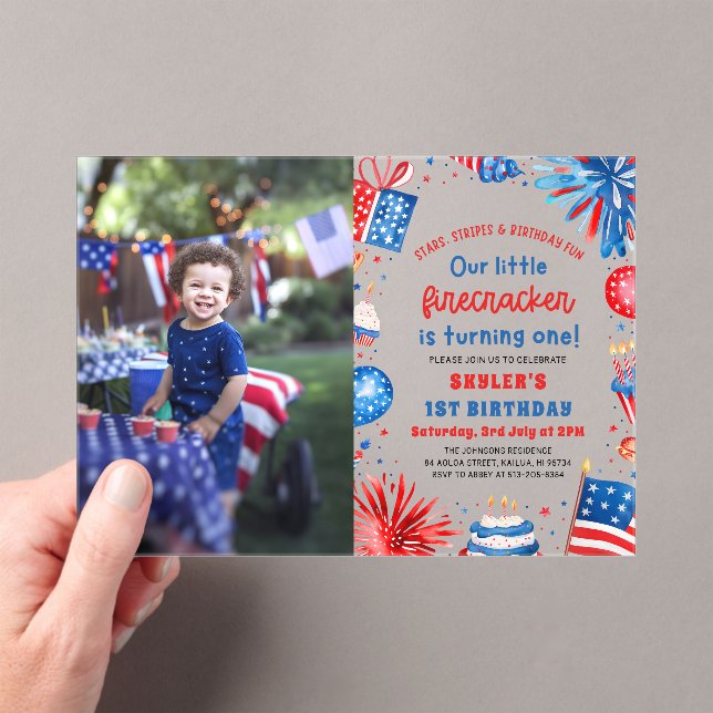 Little Firecracker 4th of July 1st Birthday Party Acrylic Invitations (Insitu (Handheld))