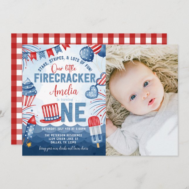 Little Firecracker 4th of July 1st Birthday Party Invitation (Front/Back)