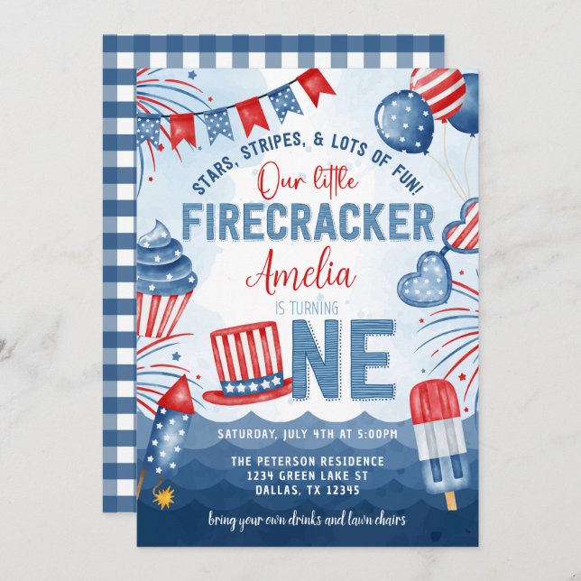Little Firecracker 4th of July 1st Birthday Party Invitation (Front/Back)