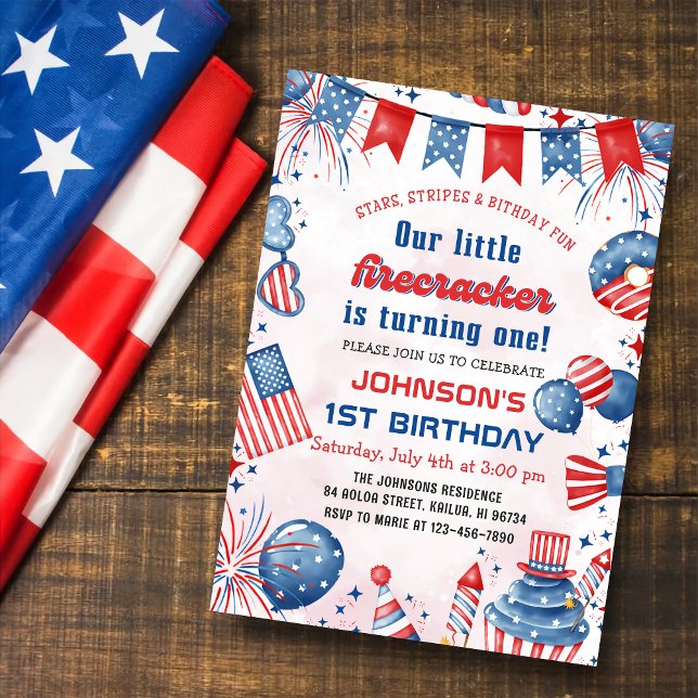 Little Firecracker 4th Of July 1st Birthday Party Invitation (Creator Uploaded)