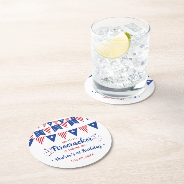 Little Firecracker 4th Of July 1st Birthday Party Round Paper Coaster (Insitu)