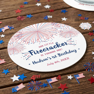 Little Firecracker 4th Of July 1st Birthday Party Round Paper Coaster