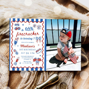 Little Firecracker 4th of July 1st Birthday Photo Invitation