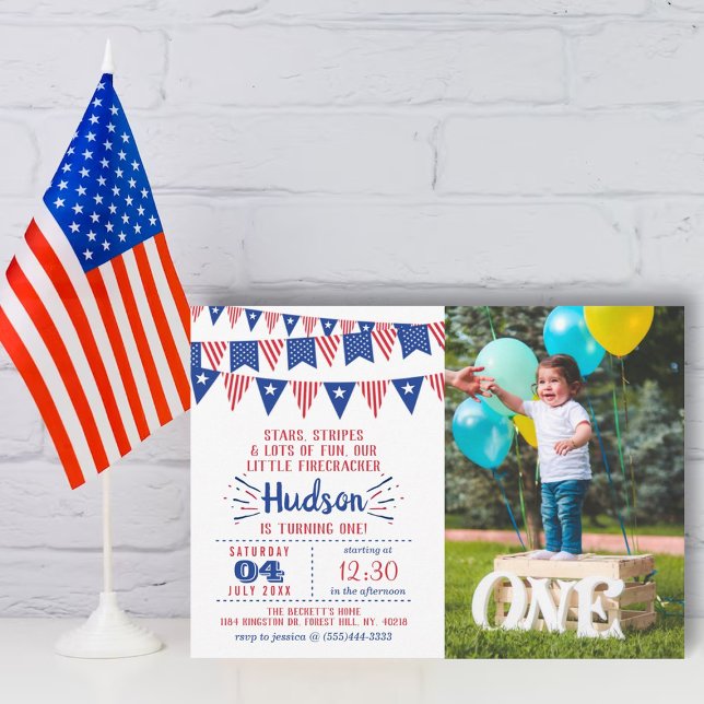 Little Firecracker 4th Of July 1st Birthday Photo Invitation (Creator Uploaded)