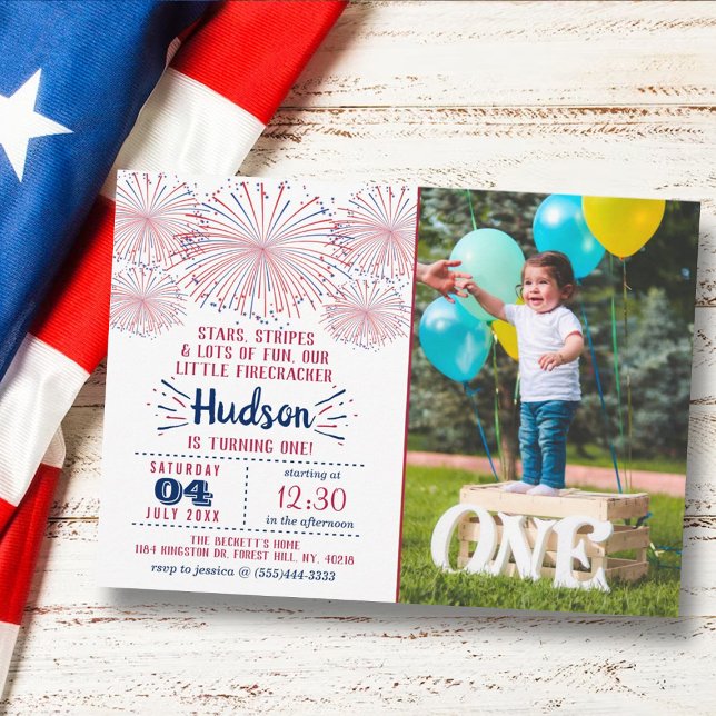Little Firecracker 4th Of July 1st Birthday Photo Invitation (Creator Uploaded)