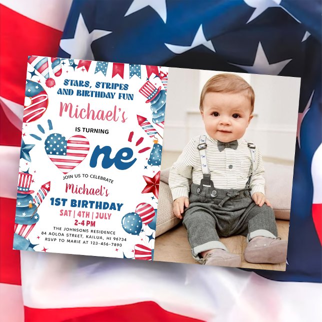 Little Firecracker 4th Of July 1st Birthday Photo Invitation (Creator Uploaded)