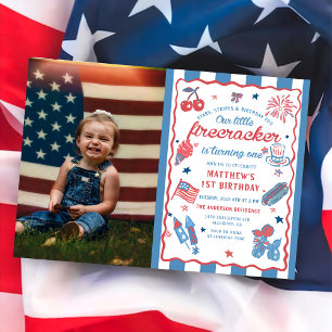 Little Firecracker 4th of July 1st Birthday Photo Invitation