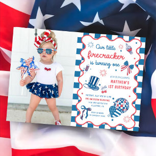 Little Firecracker 4th of July 1st Birthday Photo Invitation